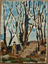 Ukrainian Soviet USSR oil painting postimpressionism trees artist figure molbert