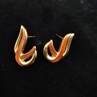Crown Trifari Earrings Gold Tone Orange Enamel Pierced Ears Vintage Jewelry