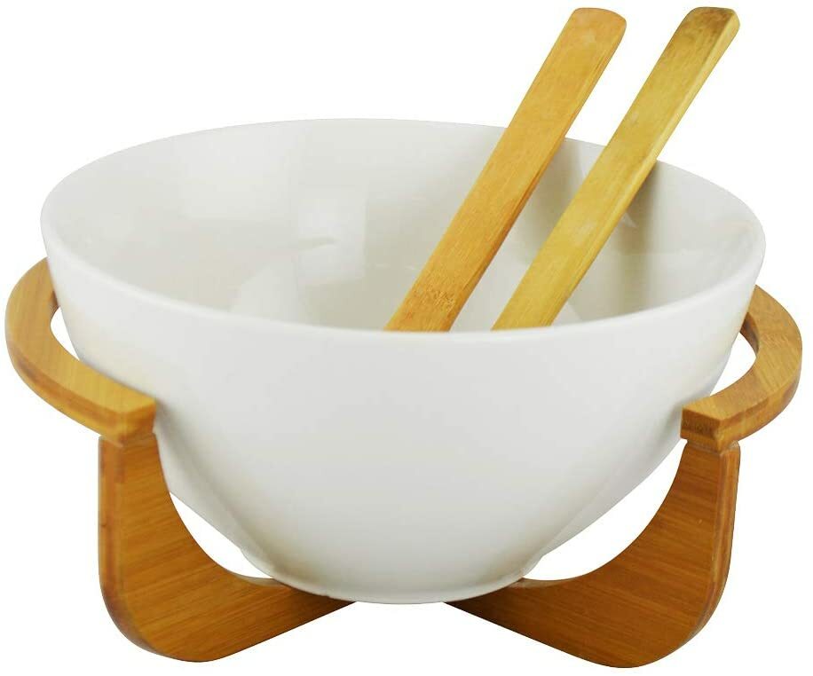 D) Salad bowl with Tongs, Wood Salad Set with Bamboo Holder and