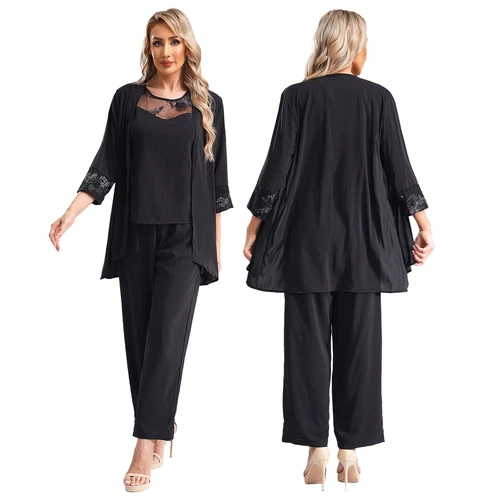 Womens 3 Piece Chiffon Pant Suits Tank Top Cardigan and Pants Evening Outfits - Picture 58 of 95