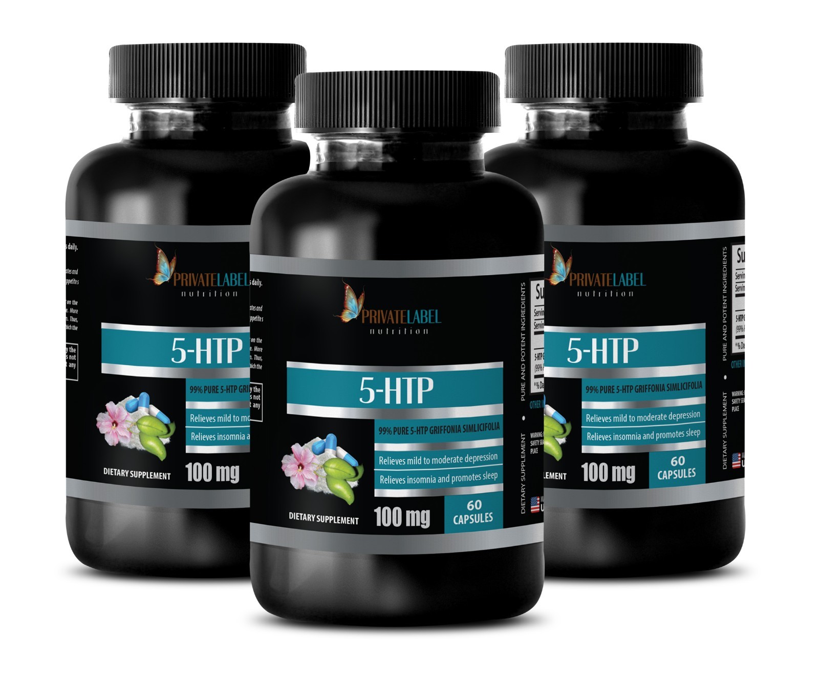 Convertido en serotonina en el cerebro - 5-HTP 100 mg - 99% puro 5-Htp - 3 botellas