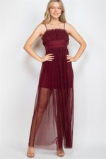 Wine Red Spaghetti Strap Maxi Dress Sundress Size Large Sheer Overlay 