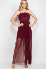 Wine Red Spaghetti Strap Maxi Dress Sundress Size Large Sheer Overlay 