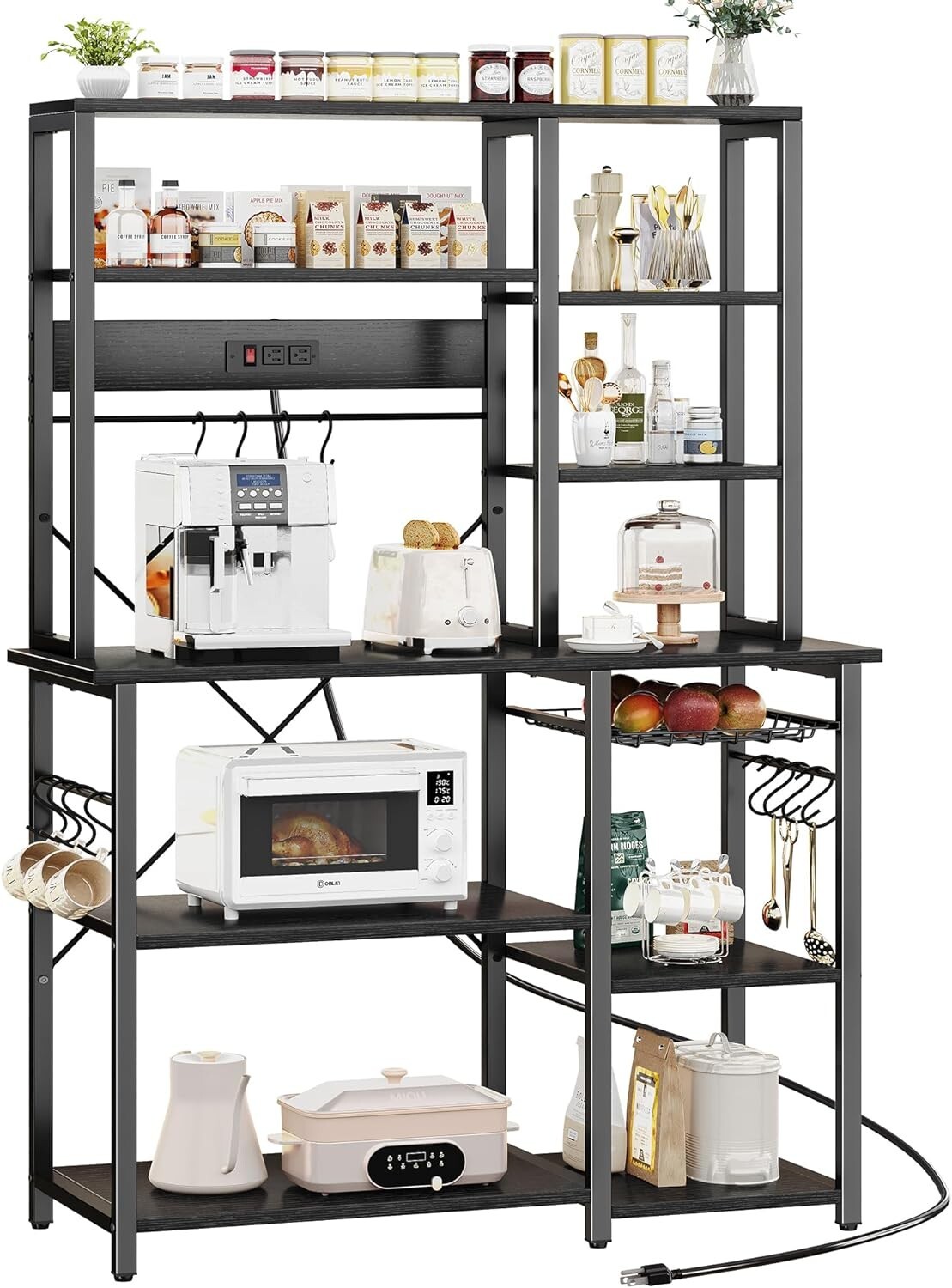 Stylish Black Baker's Rack with Power Outlets and Wire Basket for Kitchens