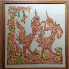 Burmese Silk Screen Print on Handmade Paper - Mythology -  Kinnari-Kinnara 1970s