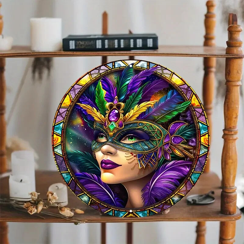 JEWELLED 2D MARDIS GRAS FACE PLAQUE VIBRANT CARNIVAL METAL WALL ART