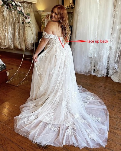Plus Size Wedding Dresses Off Shoulder Lace Applique Bridal Gowns Lace Up Back - Picture 3 of 10