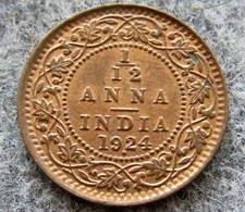 INDIA BRITISH King GEORGE V 1924 1/12 ANNA, BOMBAY MINT, Bronze UNC km# 509