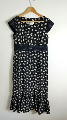 Danny & Nicole Dress 8 Cap Sleeve Multi Print Navy Cream Midi Ruffle Button