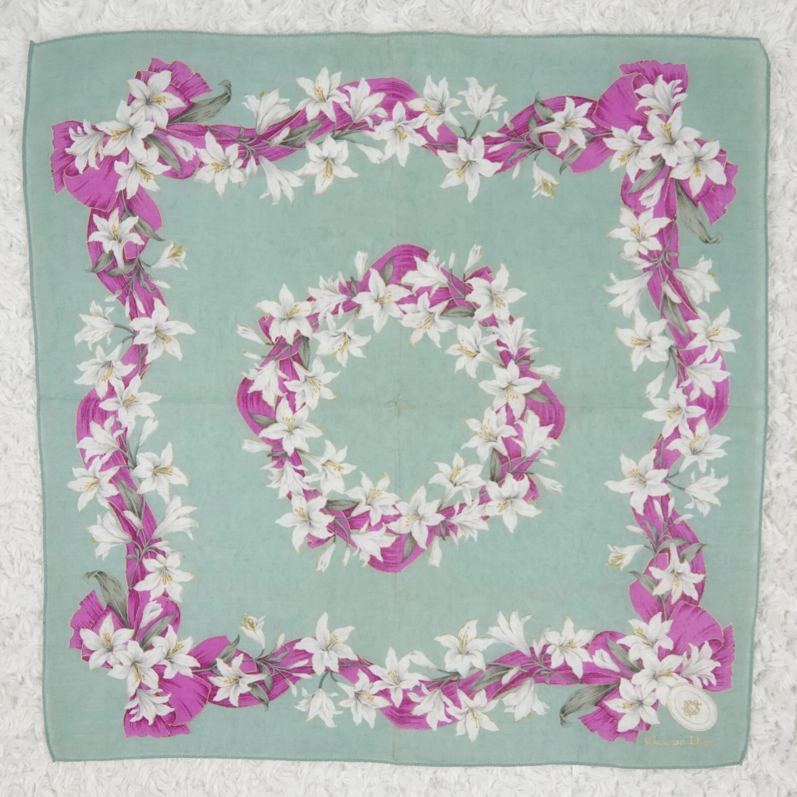 M580 CHRISTIAN DIOR Foulard coton vert fleur foulards poche carré 19
