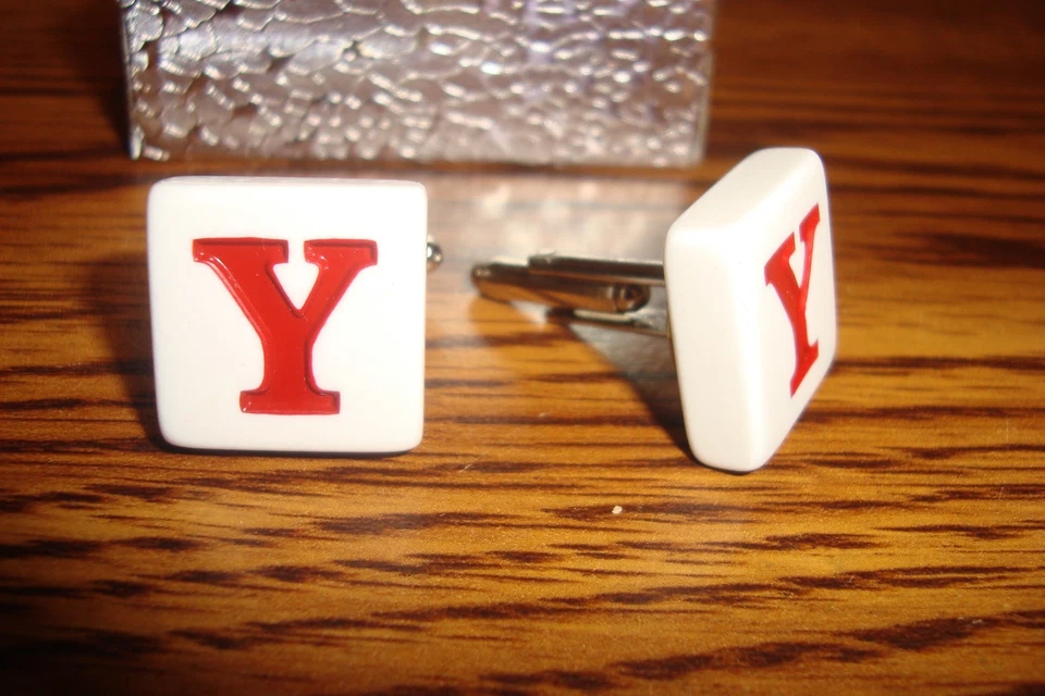 " Y " Monogram Letter Initial Cufflinks 1 Pair (Two) * White-Red & Silver Tone - Image 2 of 2
