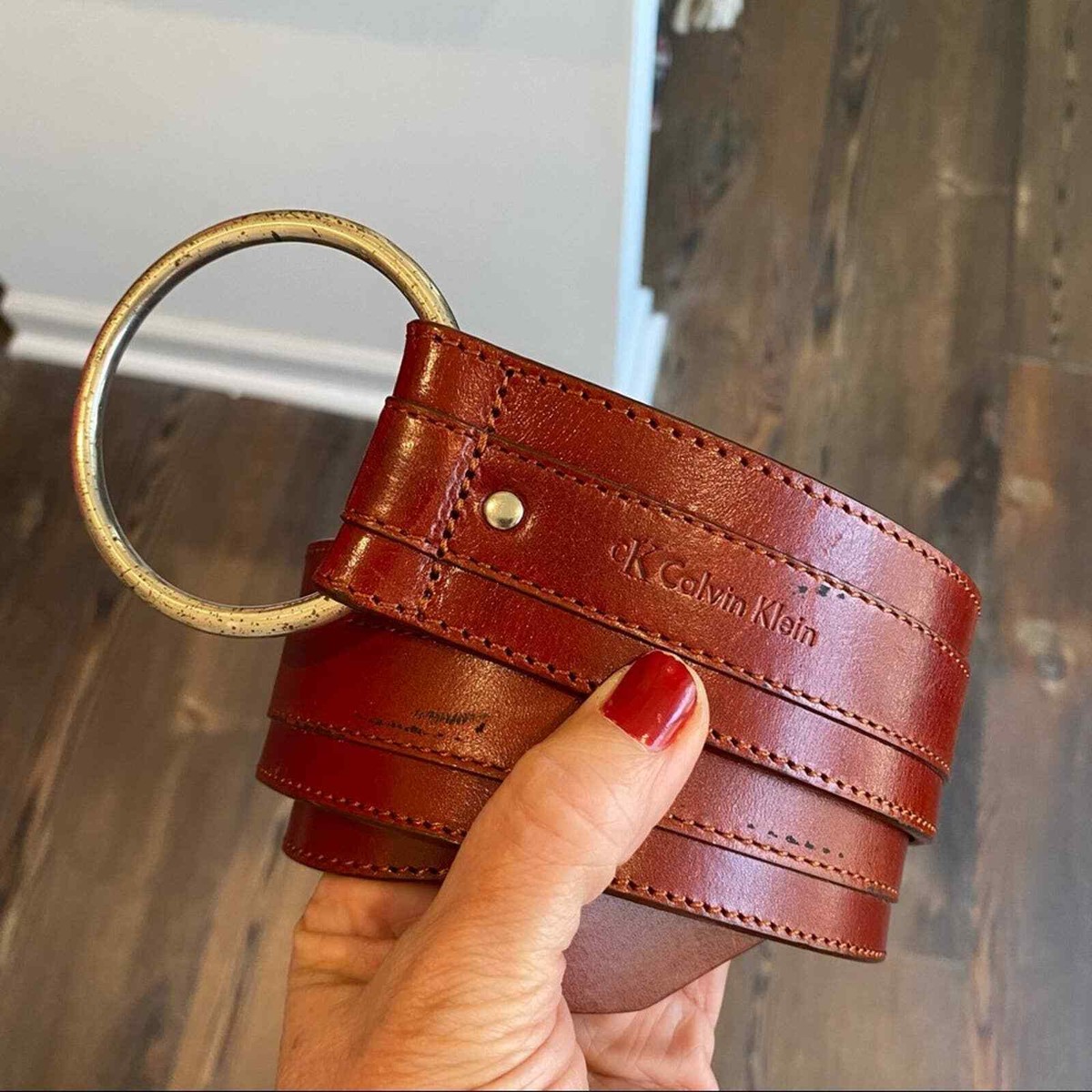 Calvin Klein Genuine Leather wide Belt Oxblood Silver Ring  display picture 2