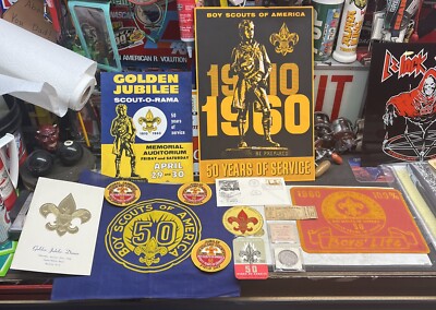 1960 BSA 50th Anniversary Boy Scout Lot Silver Coin, Patches Felt 1937 Book Rare