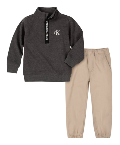 Calvin Klein CHARCOAL/KHAKI Boy's Fleece Logo Zip Pullover and Joggers Set, US 5 - Picture 1 of 1