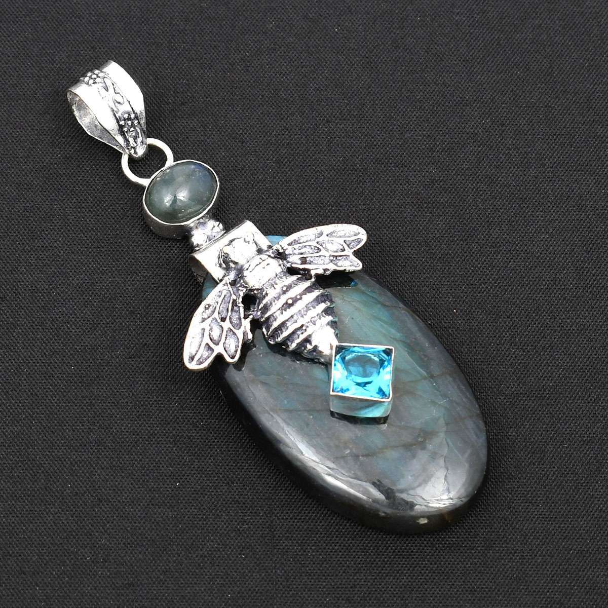 Labradorite Blue Topaz Gemstone Ethnic Insect Pendant Jewelry Gift 3.2