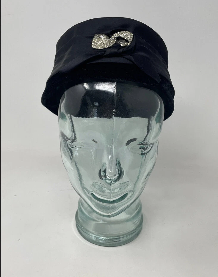 Broche Pastillero Vintage Años 50 Negro Terciopelo Satinado Sombrero Estrás Cóctel Noche Foto 3 de 4