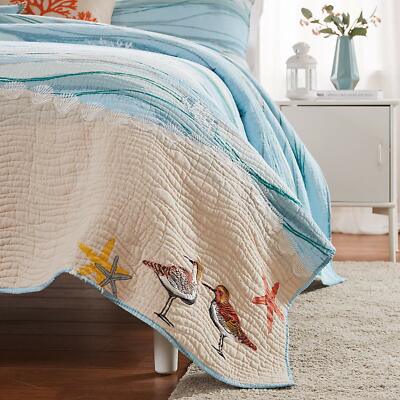 OCEAN BLUE COTTON Queen QUILT SET : BEACH HOUSE SEASIDE CORAL WAVES SHELL MAUI