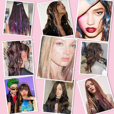 Glitter Tinsel Hair Extensions 12 Pack 50cm Length BB Clip Synthetic Hairpieces