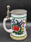 Vintage BMF Milk Glass Floral Lidded Beer Stein mug hand painted made in Germany