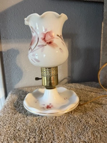Vintage Milk Glass Hurricane Table Lamp Painted Pink Roses Trinket Base 9” EUC