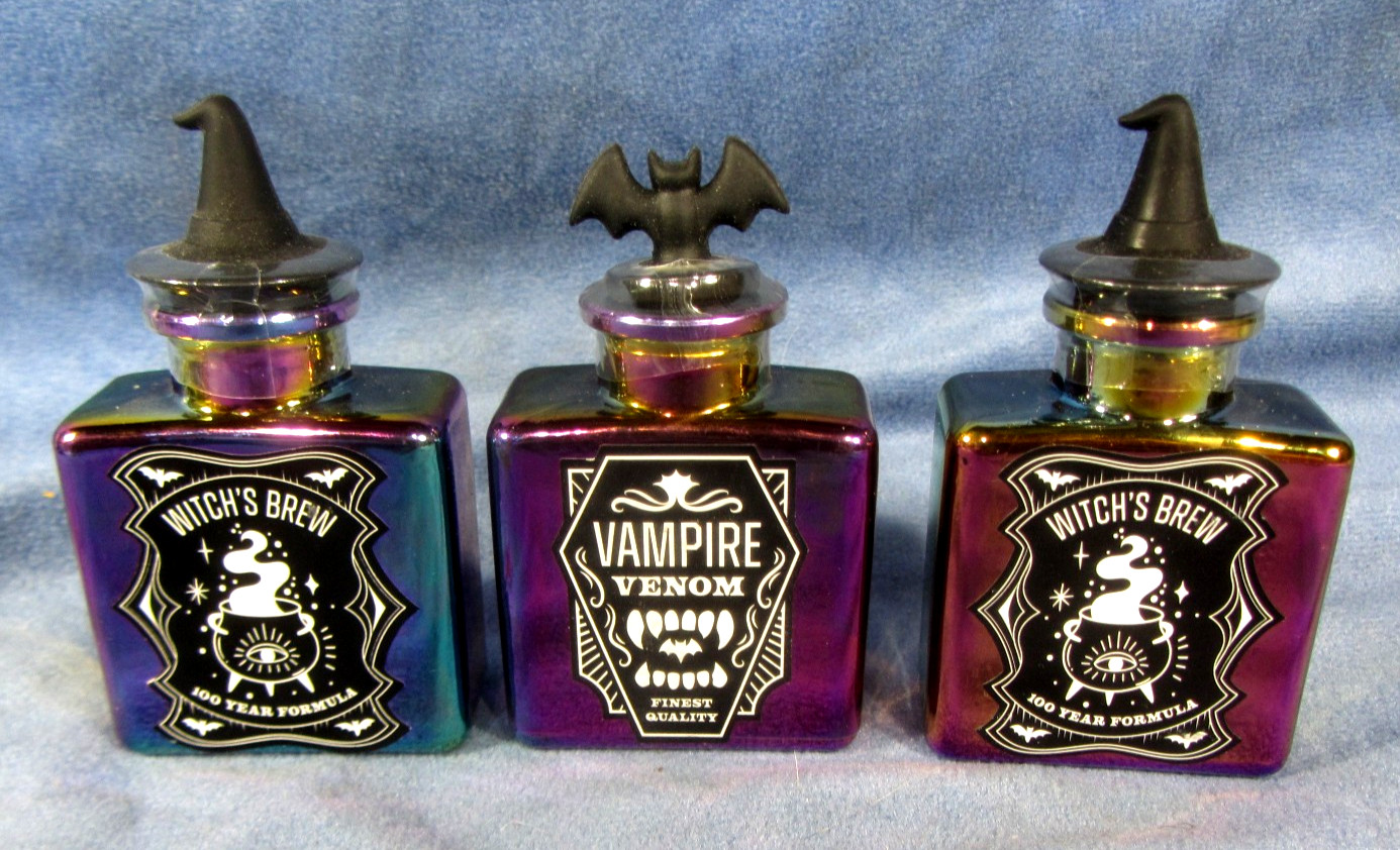 Lot of 3 Potion Glass Bottles  Witches Brew,  Vampire Venom