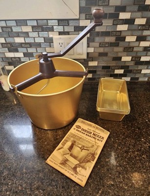 Vintage Mirro Gold Hand Crank Dough Mixer with 4 Gold Bread Tins