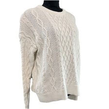 J. Crew Womens Large Fisherman Cable Knit Crew Neck Sweater Cream 100 Cotton
