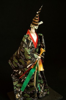 Vintage Japanese Washi Paper Doll Sanbaso Performer w/ Wooden Base