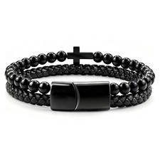Mens Leather Braided Christian Cross Bracelet Black 8.5 Inch Leather Cord