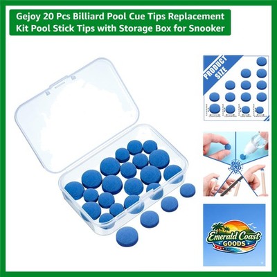 20 Pcs Billiard Pool Cue Tips Replacement Kit with Storage Box - 9/10/12/13 mm