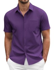Mens Casual Dress Shirt Short Sleeve Business Attire Regular Fit Polyester Wr...