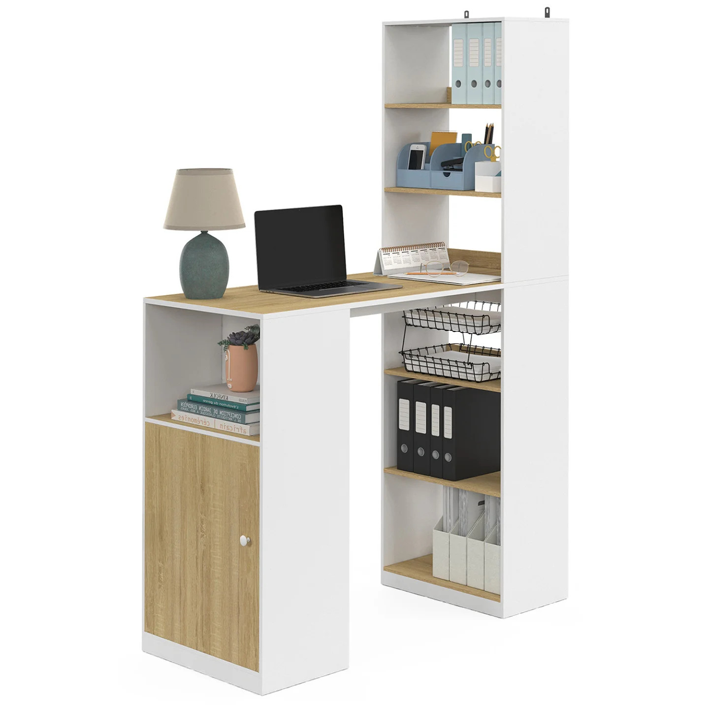 Bureau 2 personnes LUNG avec rangements blanc et bois 160cm
