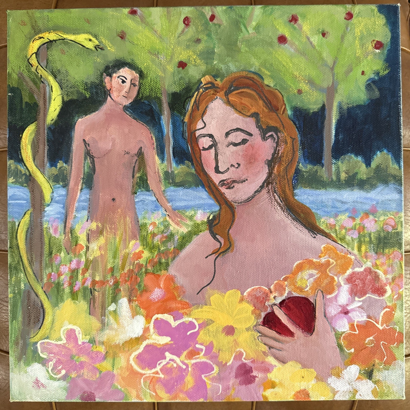 Original Painting Adam And Eve acrylic on canvas Outsider Art Biblical Art 12x12
