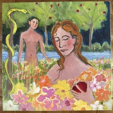 Original Painting Adam And Eve acrylic on canvas Outsider Art Biblical Art 12x12