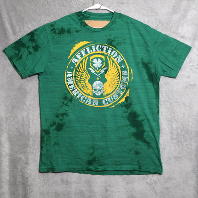Affliction Shirt Mens 3XL Green Graphic Skull Clover Biker Motor Club Tee
