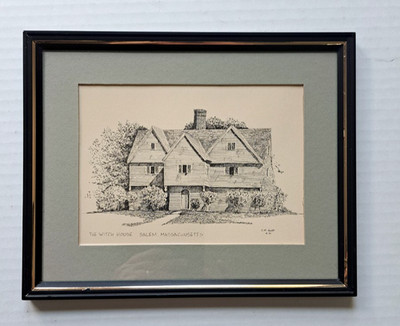 Vintage Salem MA WITCH HOUSE Print of Pen & Ink Drawing Framed 1970s B&W Art