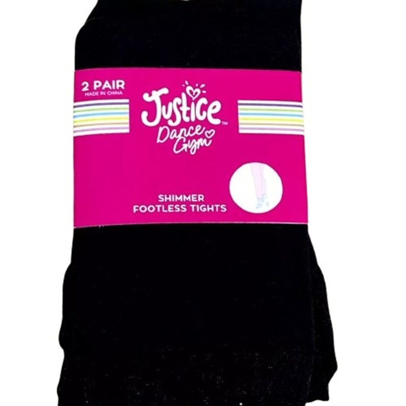 JUSTICE Girl's size L(12-16) FOOTLESS TIGHTS Black SHIMMER 2-Pair ~New with Tags
