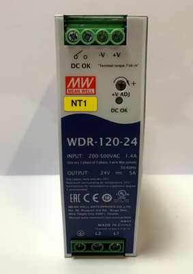 MEAN WELL WDR-120-24 DIN RAIL POWER SUPPLY 200-500VAC OUTPUT 24V, FREE SHIPPING
