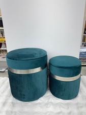 Set 2 Pouf Contenitore Velluto Verde Sgabello Poggiapiedi Con Argento