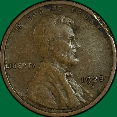 1923-S Lincoln Wheat Cent Very Fine VF Coin, Rim Ding #34344