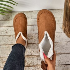 Women's Winter Booties Plush Lined Faux Suede Slip On Flat Fuzzy Ankle Shoes