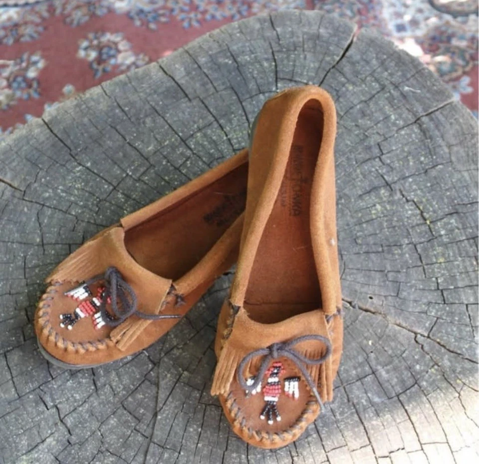 Minnetonka Thunderbird Moc 麂皮莫卡辛鞋 9 码串珠棕色懒人拖鞋 — 第 3/4 张图片