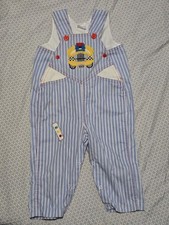 Vintage 90s Hickory Stripped Overalls School Bus Stop Light Applique Size 3T