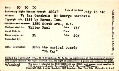 Tune-Dex Card: ''Do Do Do'' Gershwin Oh Kay! 1943 Harms Inc. ASCAP Lead Sheet