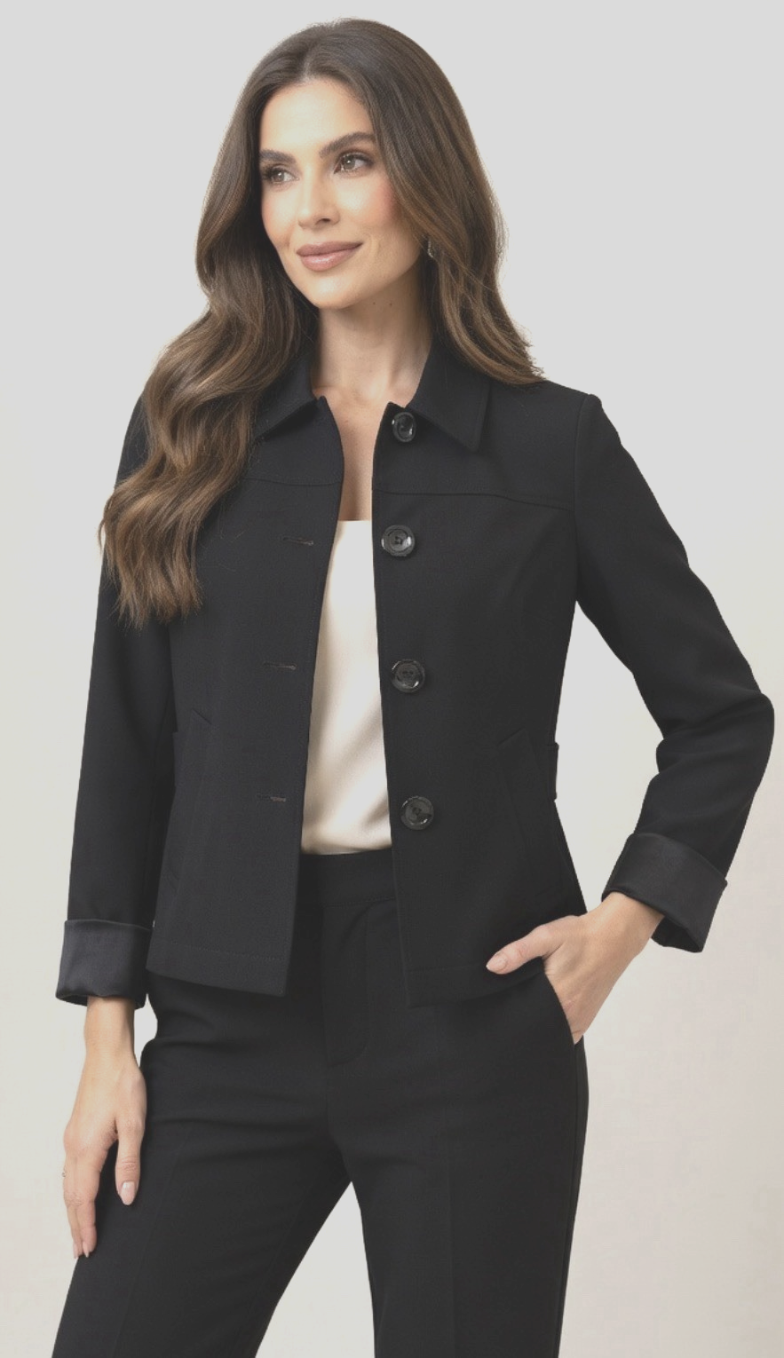 Lafayette 148 NY Black Stretch Cotton Button Blazer Jacket Short Trench Sz 2