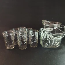 Federal Star 7pc SET Pitcher 6 Glasses Glass Clear 56 oz Beverage Ice Lip
