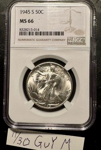 WWII era NGC MS-66 🇺🇸 1945-S Walking Liberty SILVER Half Dollar MS BU Gem+ Unc