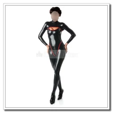 Latex Catsuit for Women Unique Cleavage Red Trims Back 3-way Zip Sexy 0.4m B66