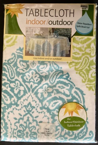 NEW Indoor/Outdoor Roma Tablecloth 70" Round Water Repellent Blue Green