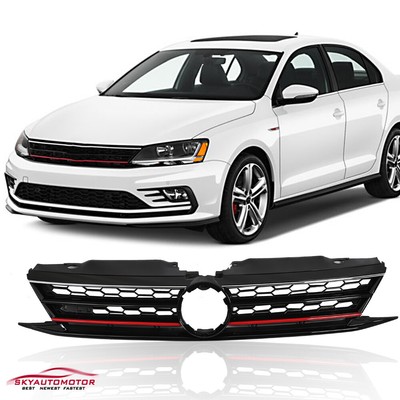 Fits For 15-17 Volkswagen Jetta Front Grille Red Trim Gloss Black Honeycomb